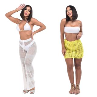 Kit 2peças Calça Saída e Uma Saia de Praia Premium em Tricot Tendência Verão - Branco, Amarelo.