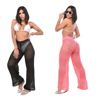 Kit 2 peças Calça Saída de Praia Premium em Tricot Tendência Verão - Preto e Rosa