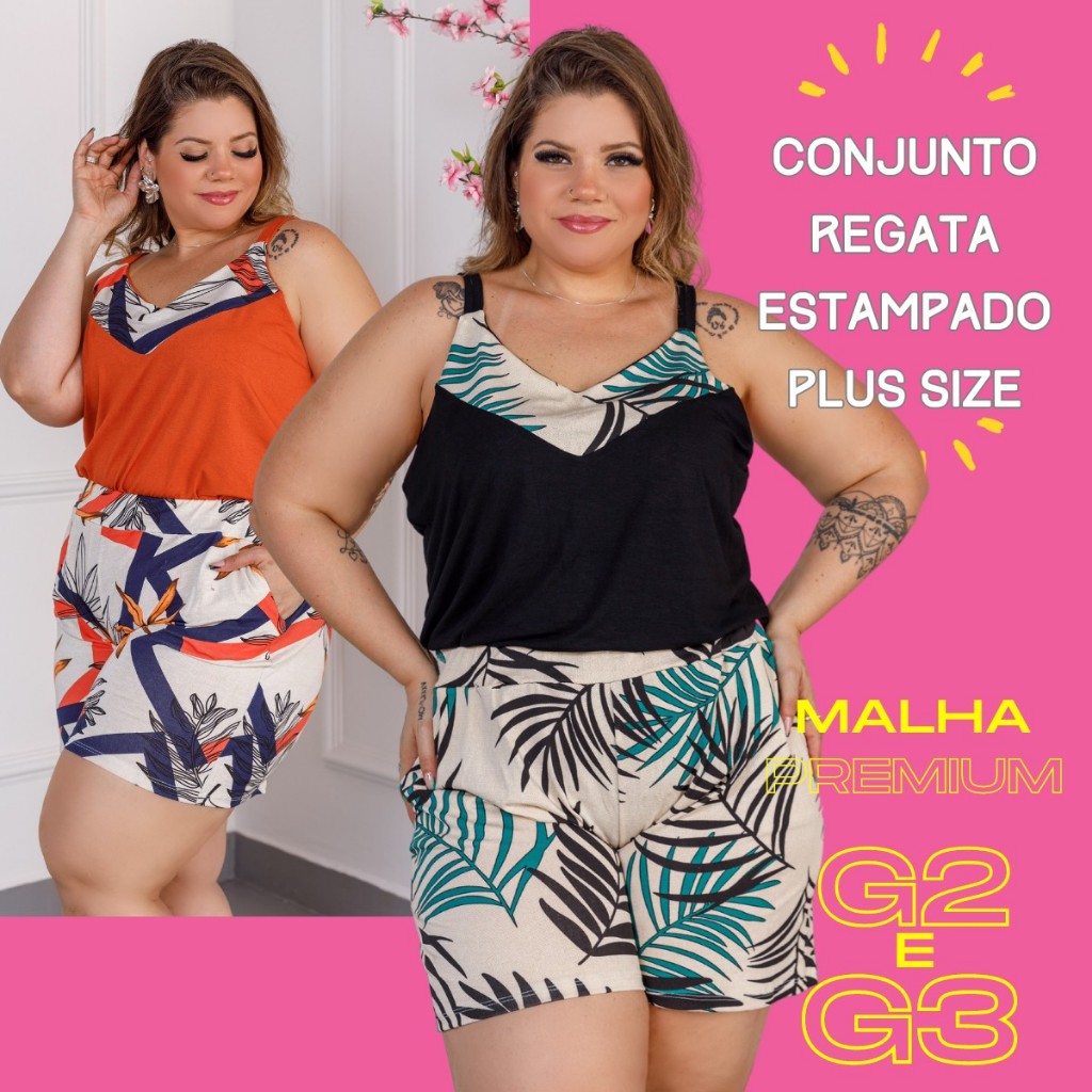 Conjunto Feminino Plus Size Regata Blusinha Short Estampado