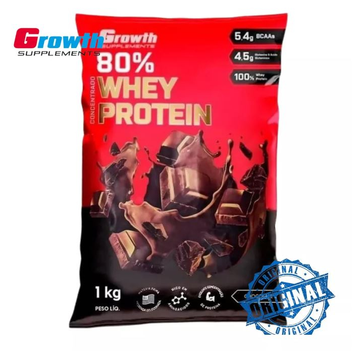 Whey Chocolate Protein 80% Proteína Concentrado 1Kg Growth Suplementos Original