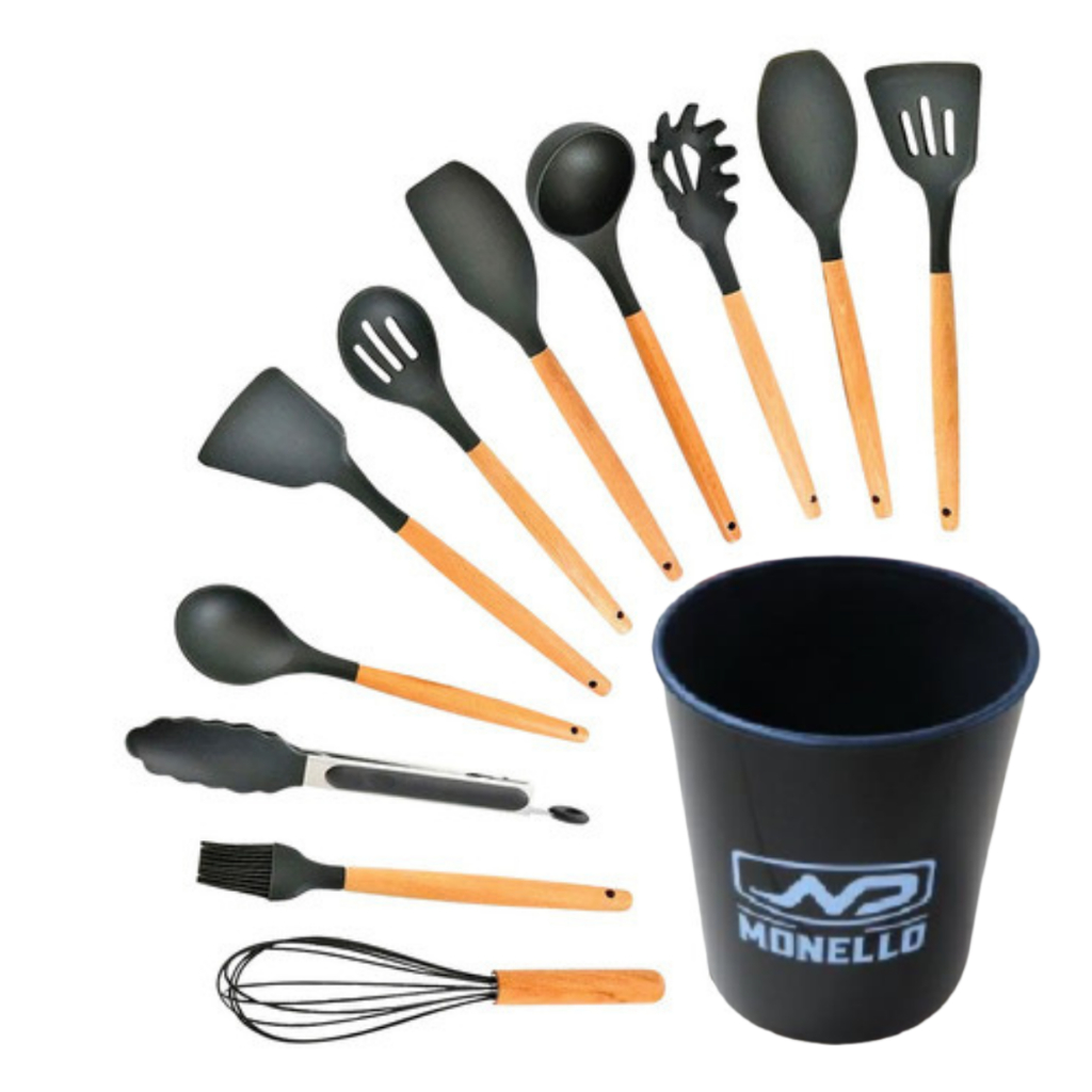 KIT de Utensílios Para Cozinha Premium em Silicone e Bambu 12 Peças, Monello