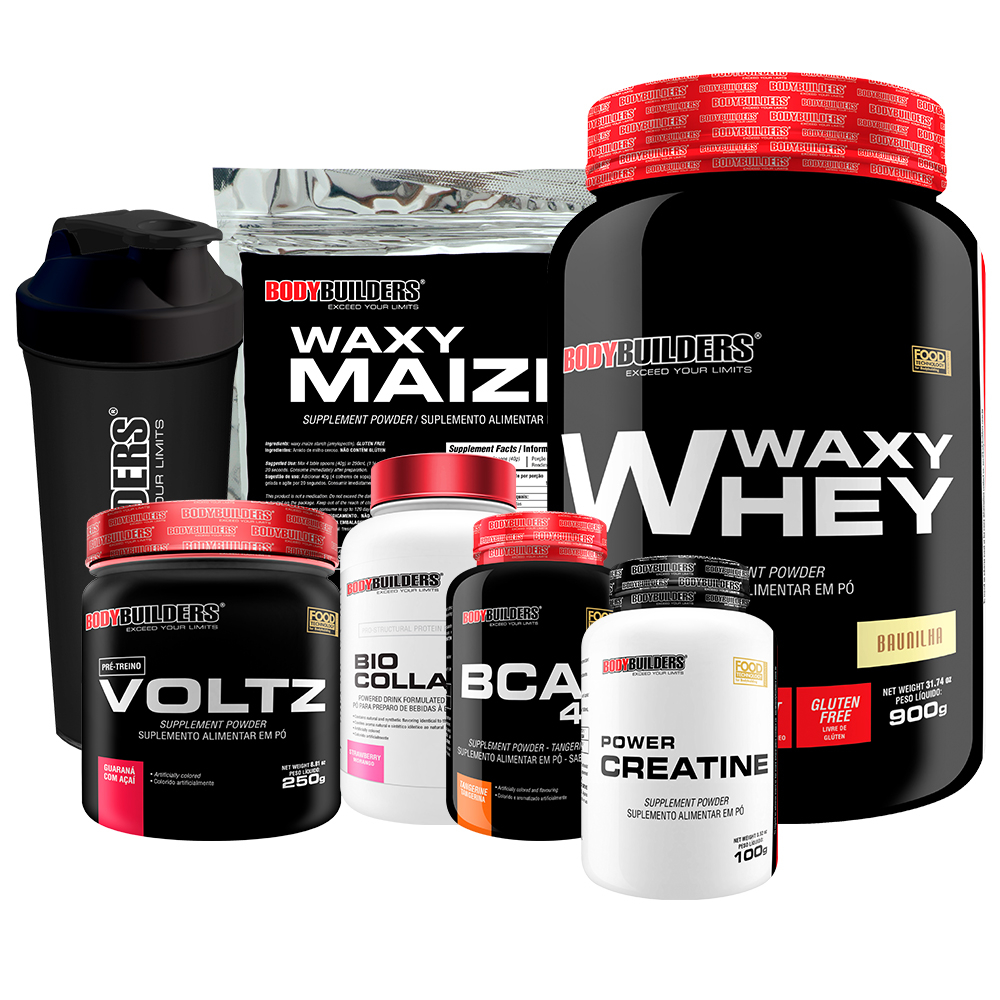 Kit Whey Protein Waxy Whey Pote 900g + Voltz 250g + BCAA 4.5 100g + Power Creatina 100g + Waxy Maize 800g + Bio Collagen II + Coqueteleira – Suplementos Para Ampliar os Níveis de Energia e Aumentar o Foco – Bodybuilders