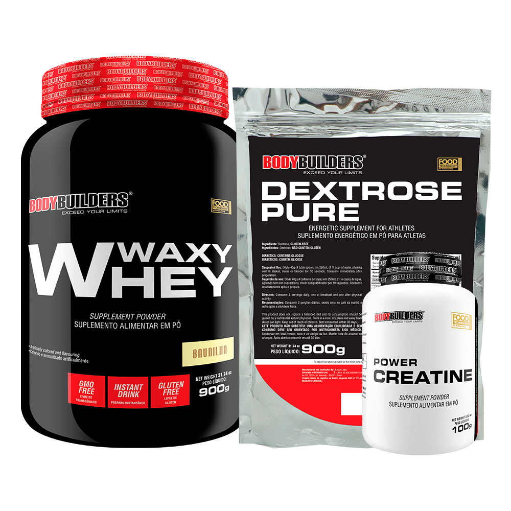 Kit Whey Protein Waxy Whey Pote 900g + Power Creatina 100g + Dextrose Pura 900g – Kit Para Caminhada e Corrida – Bodybuilders