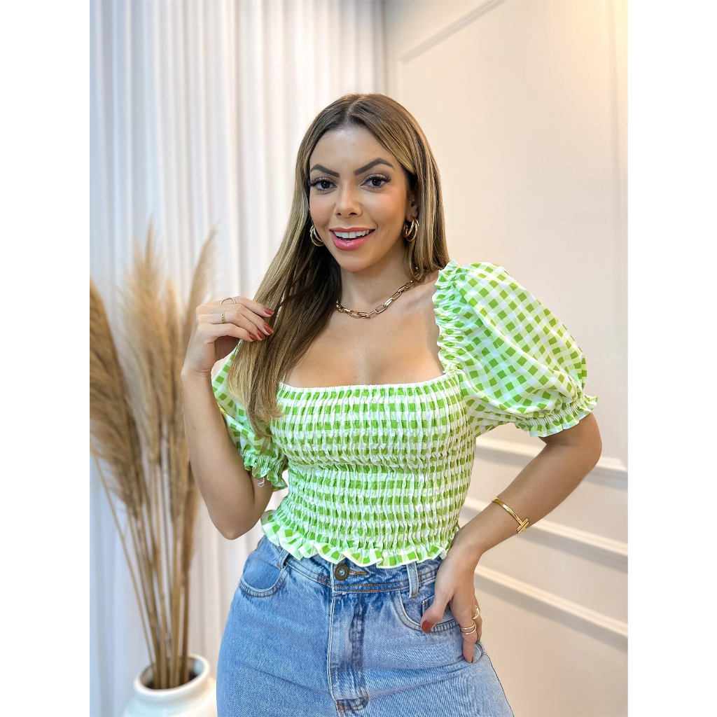 Cropped Com Manga/Manga Bufante/Blusinha Lastex/Xadrez/Cropped