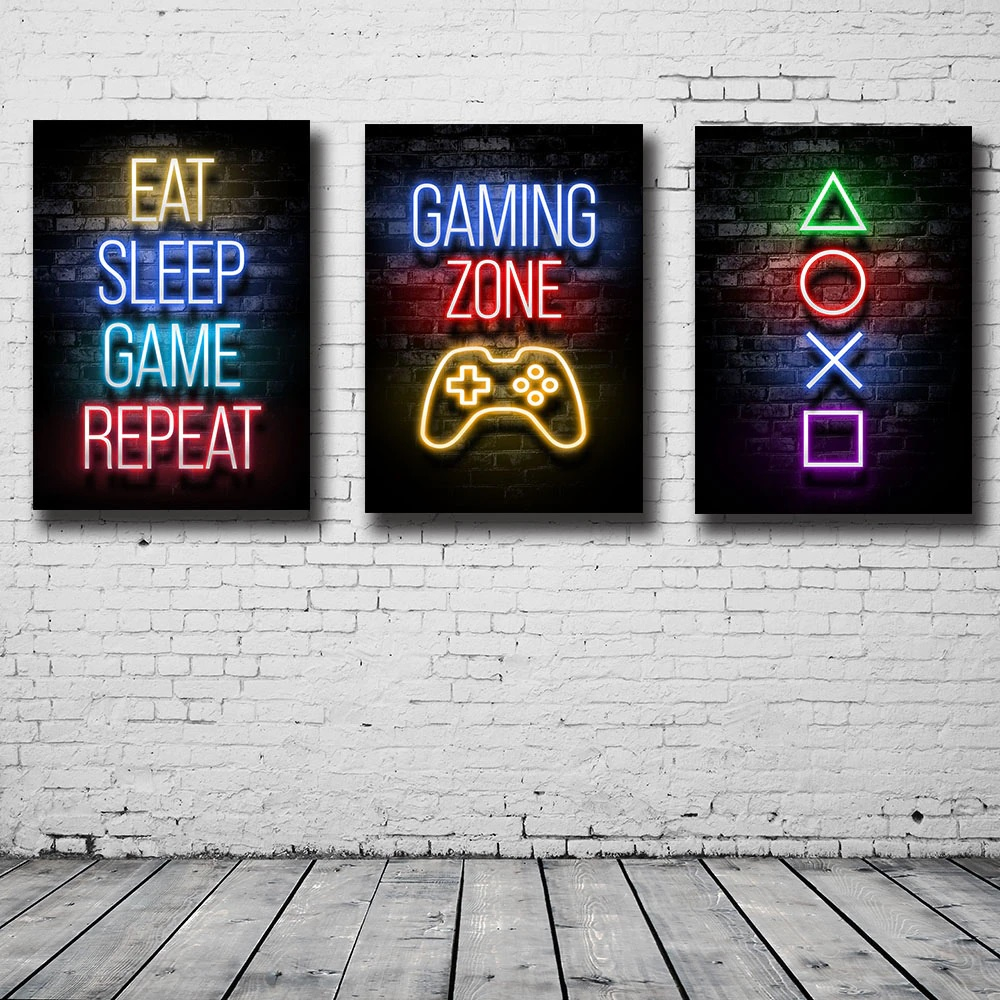 Quadro decorativo 3 peças 120x60 comer sono jogo repetir gamer meninos meninas para quarto sala de jogos