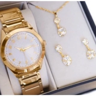 Relógio Feminino de aço Redondo Luxo + Kit Colar e brinco Luxo Mega promoção