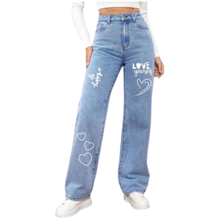calça jeans feminina wide leg infantil juvenil com escritas estampada em Oferta na Shopee
