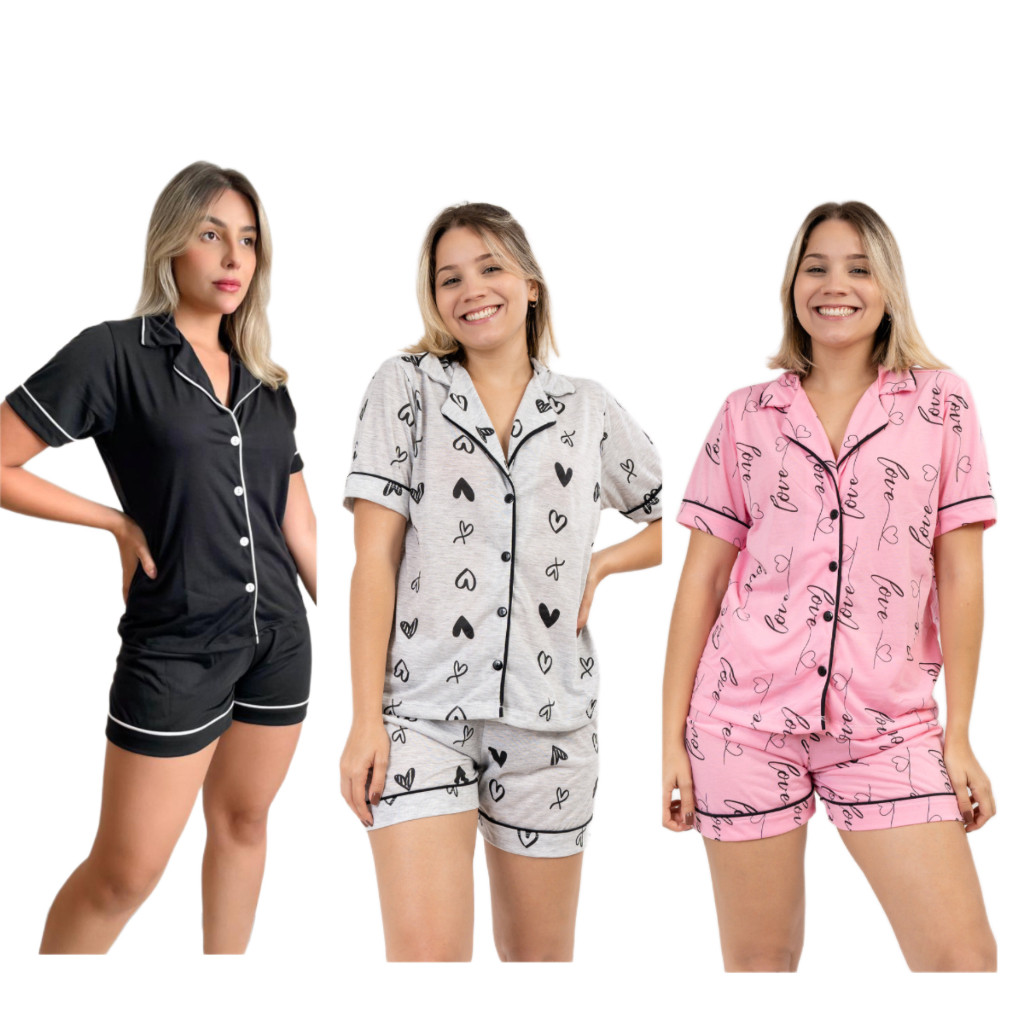 Kit 3 conjuntos Pijama americano Short doll Amamentação Com abertura de Botões Blogueira Estampado Malha Verão