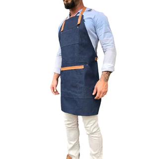 Avental Em Jeans Com Couro Barista Barbearia Cozinha Salão de beleza Cabeleira Churrasco com Alças reguláveis