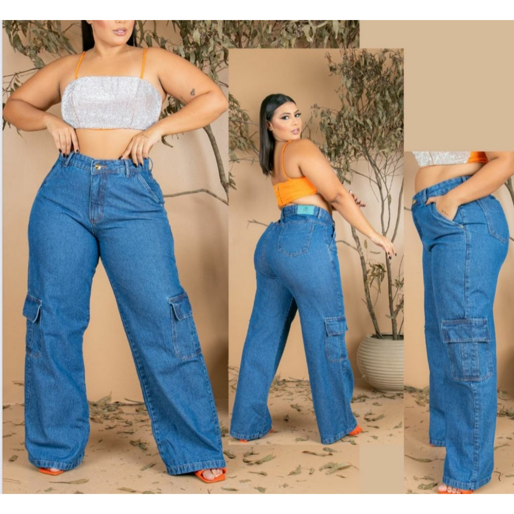 CALÇA CARGO PLUS SIZE JEANS LAVAGEM CINTURA ALTA CALÇA WID LEG