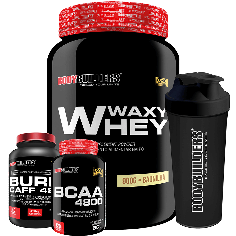 Kit Whey Protein Waxy Whey Pote 900g + BCAA 4800 120 Cáps + Burn Caff 420 60 Cáps + Coqueteleira – Suplementos Para Ganho de Massa Muscular e Potencialização no Treino de Musculação na Academia – Bodybuilders