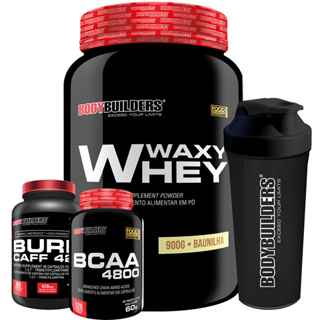 Kit Whey Protein Waxy Whey Pote 900g + BCAA 4800 120 Cáps + Burn Caff 420 60 Cáps + Coqueteleira - Suplementos Para Ganho de Massa Muscular e Potencialização no Treino de Musculação na Academia - Bodybuilders