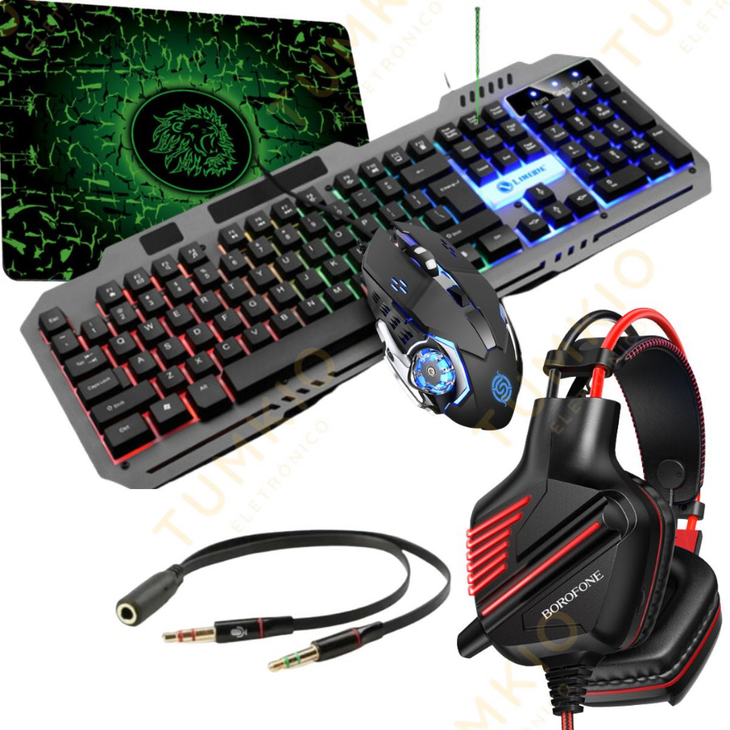 Kit 5in1 Teclado E Mouse E Gamer fone E mouse pad E adaptador de fone 5 em1 Conjunto de jogos competitivos COM FIO