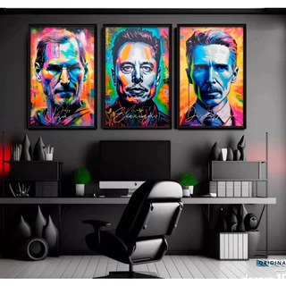 Quadro decorativo steve jobs,nikola teslta e elon musk visionarios foco execuçao e disciplina 3 peças parra sala quarto cozinha e escritorio 3 peças