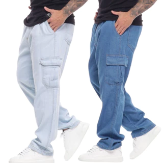 Calças Cargo Masculina Jeans Larga Bolso Lateral