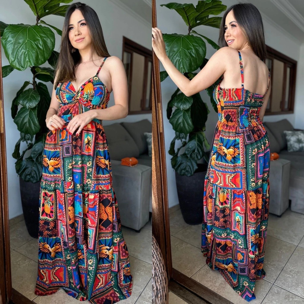 Vestido Longo Estampado Floral com Bojo Regata Alça Ajustável Casamentos  Festas