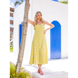 Vestido Midi em Cambraia de Algodão Bordada com Decote Lateral