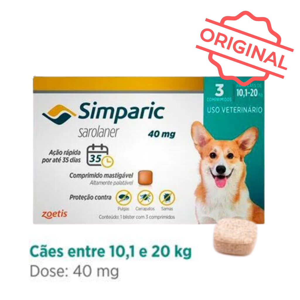 Simparic para Cães de 10,1 a 20 Kg (40 mg) - Antipulgas (Caixa com 3 ...