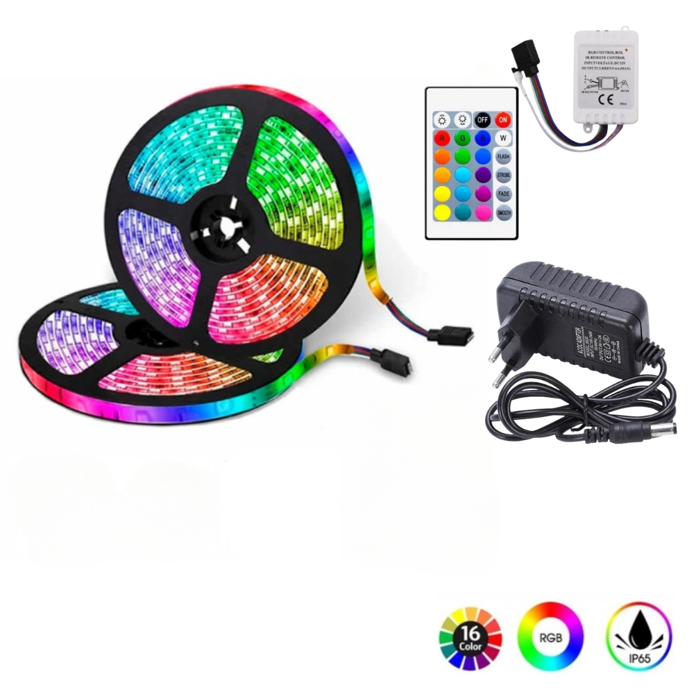 FITA LED COM CONTROLE E FONTE LED RGB 5050 IP65 5 METROS