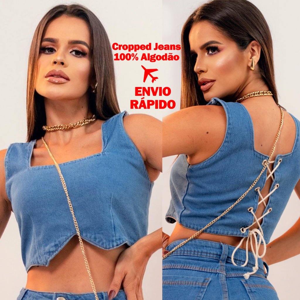 Cropped Jeans Blusa Jeans Feminina De Amarrar Blusa Cropped Jeans
