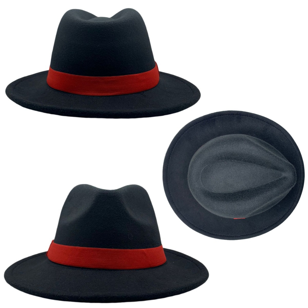 Chapéu Fedora Preto Fita Vermelha Malandro Elegante