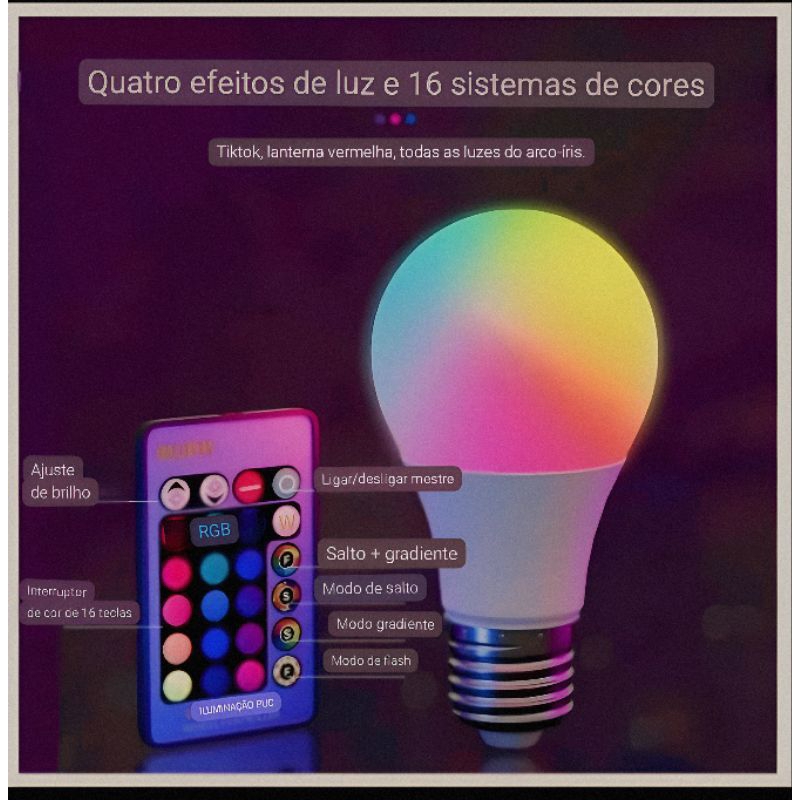 Lâmpada Bulbo Led Rgb 15w Luz Colorida 16 Cores Bivolt Controle Remoto ...