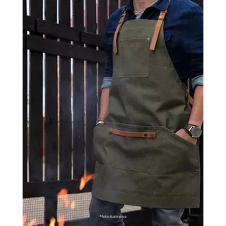 Avental em Brim Com Couro Barista Barbearia Cozinha Salão de Beleza