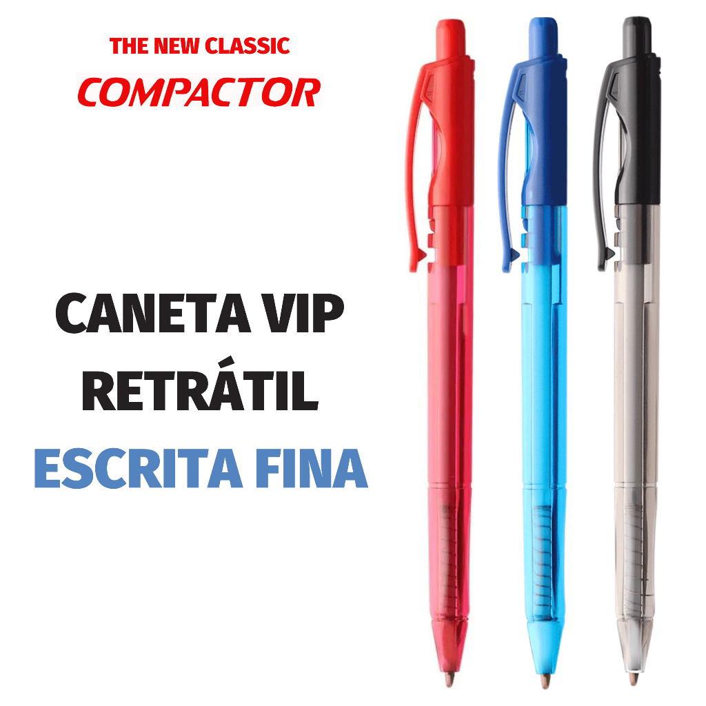 Caneta Compactor Vip Retrátil Azul, Preta e Vermelha Escrita Fina ...