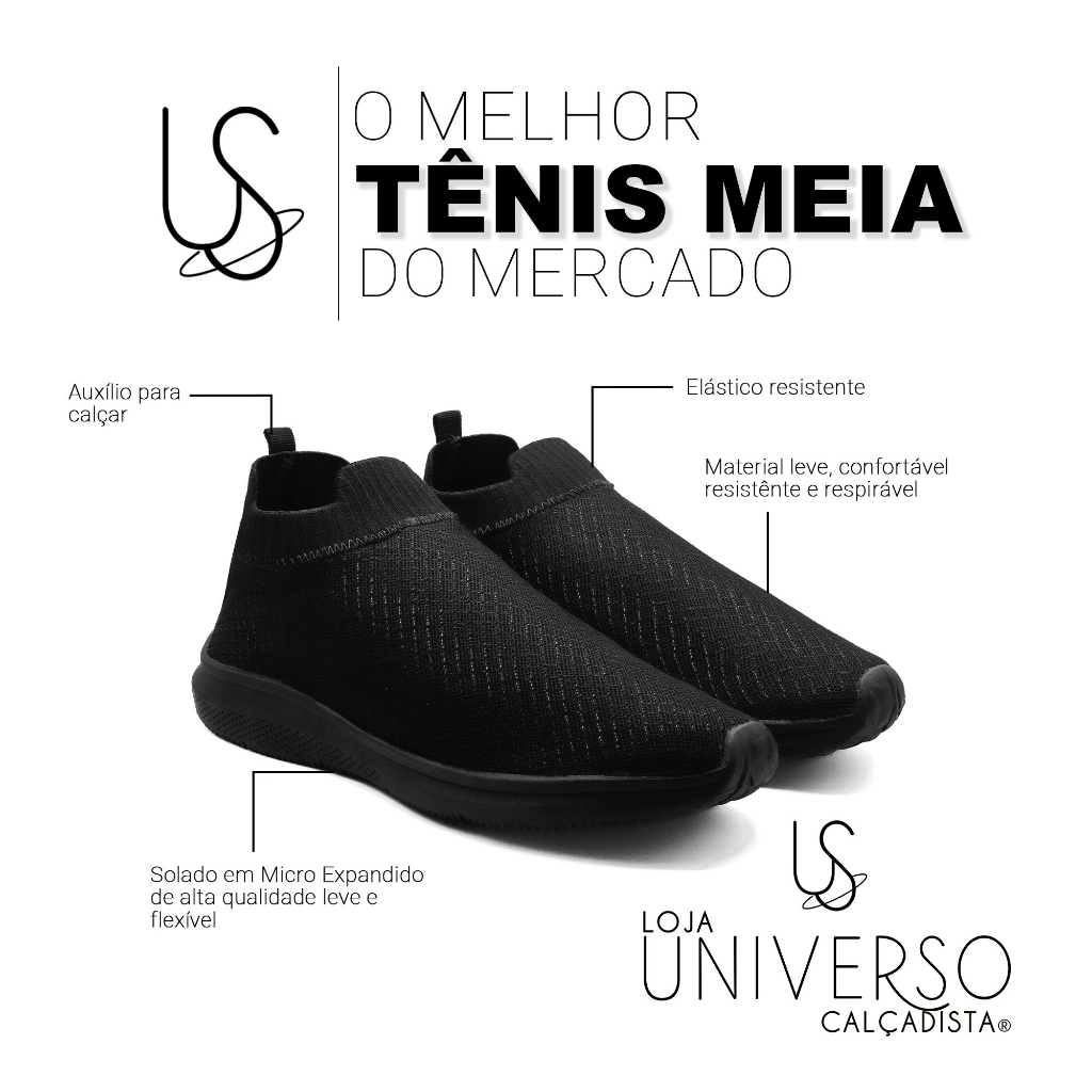 Tênis Meia Masculino Feminino Confortável Unissex Leve Academia Caminhada Promoção Calce Fácil