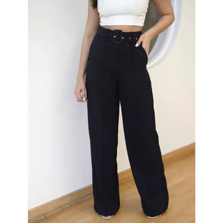 Calça pantalona de linho com cinto
