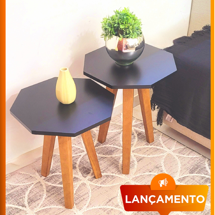 Mesa lateral e canto na cor preta GEOMETRICA Kit com 2 unidades com 3 pé trapézio na cor amendoa TT