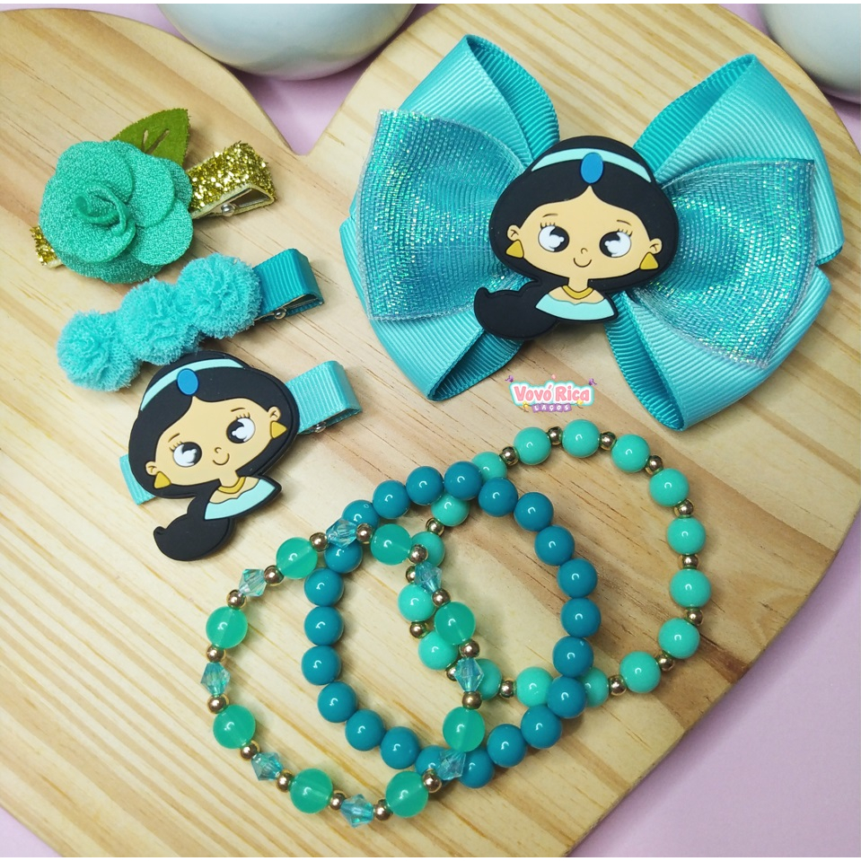 Laço infantil , pulseiras e presilhas princesa Jasmine disney | Shopee  Brasil