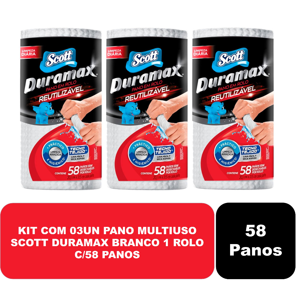 Kit com 03 rolos Pano multiuso Scott Duramax Branco 1 rolo c/58 panos