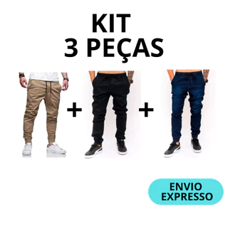 Kit 3 Calça Jogger Masculina Calça Sarja Jeans c/ Elastano Punho No Tornozelo Elastico na Cintura Algodão Confortável