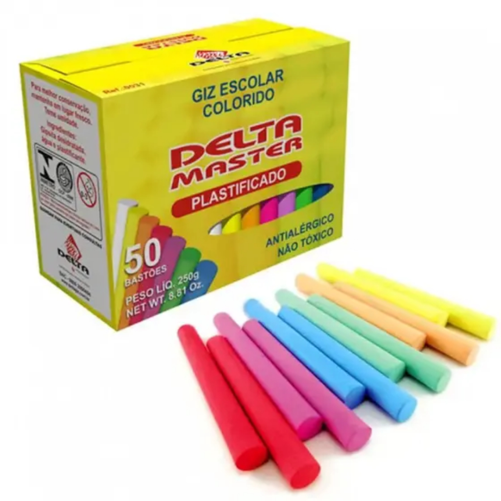 Giz para Lousa Escolar Antialérgico Plastificado Colorido 50und Delta Master