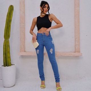 Calça Sknny Feminina Clara Com Destroyed Moda Bogueirinha Levanta Bumbum