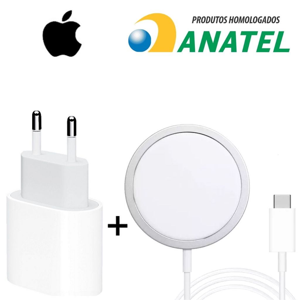 Carregador Magnético Cabo Indução Sem Fio Magsafe + Fonte Turbo Tipo USB-C Carrega Rápido Para iPhone 14 13 12 11 X SE XS XR X 8 Pro Plus Max Mini Type-C 15W Homologado anatel