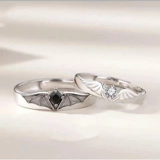 Anel De Casal Asas De Anjo Ajustável Preto e Prata