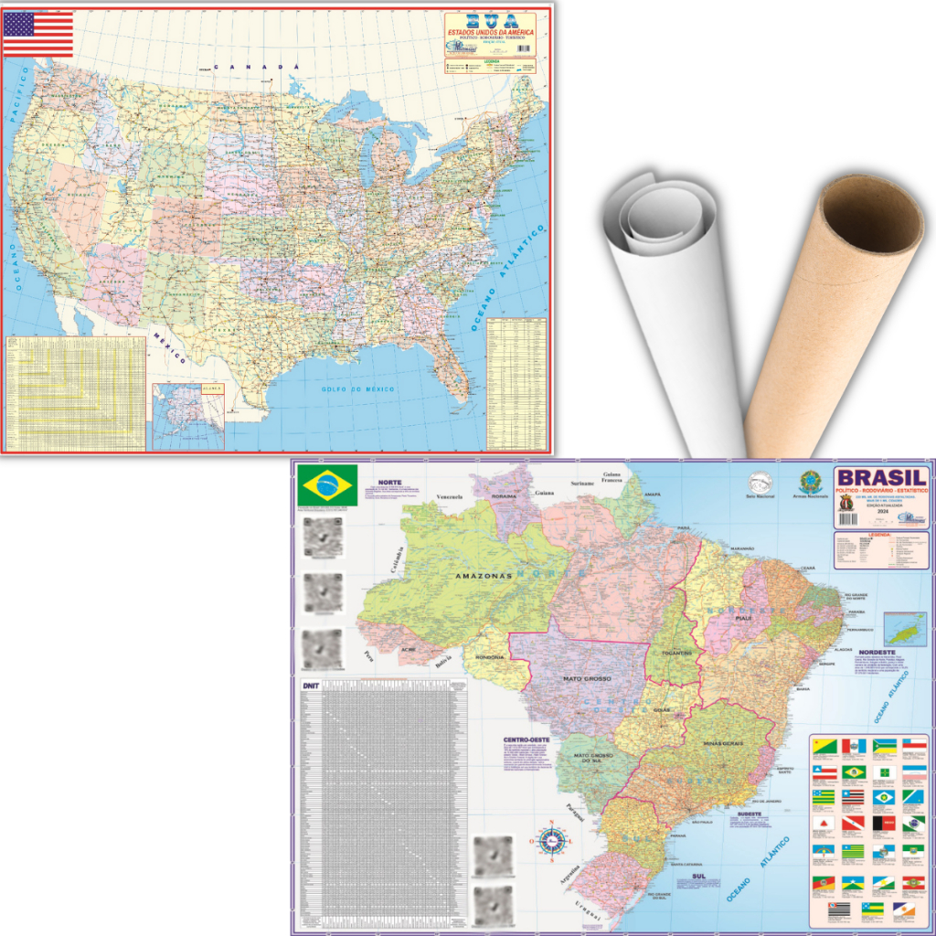 Kit Mapa Brasil + Estados Unidos Eua Usa Geográfico Politico Escolar Poster  Escolar