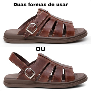 Chinelo Sandália masculina Ortopédica Confortável em couro legítimo com Alça Girátória