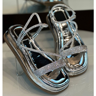 Sandália Papete Feminina Brilho Strass Flatform Flat Sola Alta Macia