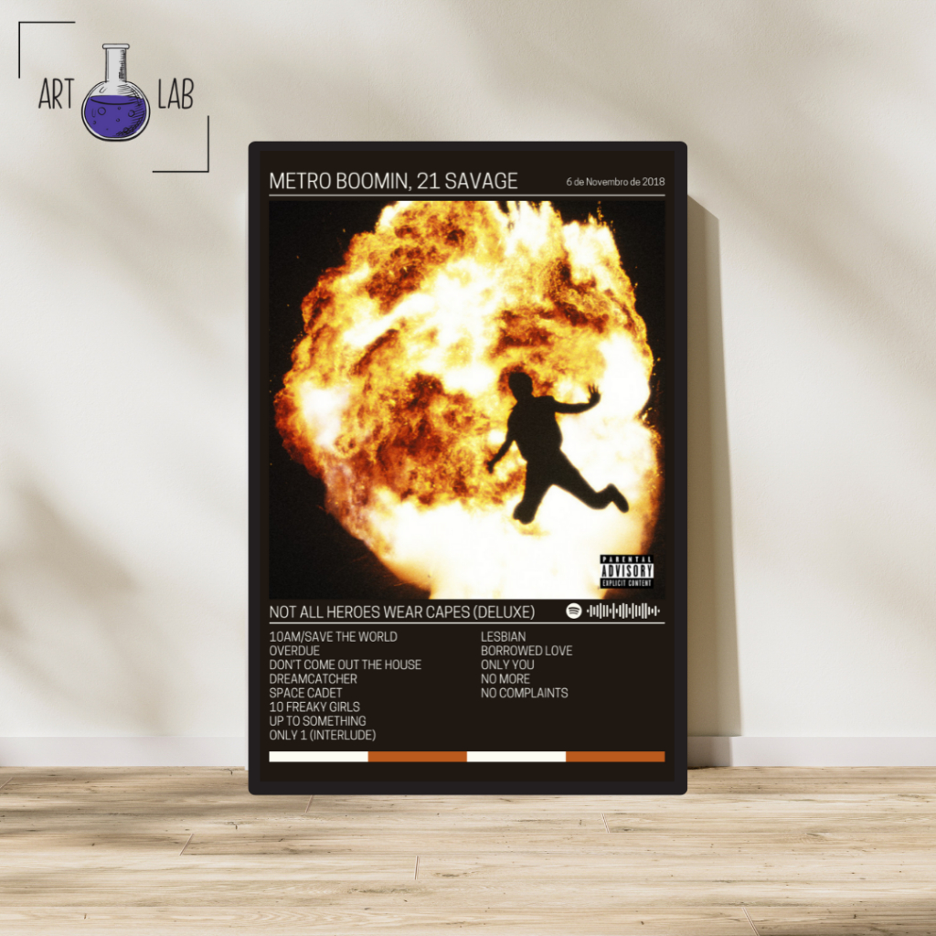 Quadro decorativo álbum Spotify Metro Boomin 21 Savage Not All Heroes Wear Capes Deluxe moldura e vidro