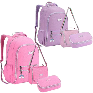 Kit Mochila Feminina Infantil Escolar Matelasse Com Lancheira Térmica Estojo e Chaveiro Arco-Íris de Tecido