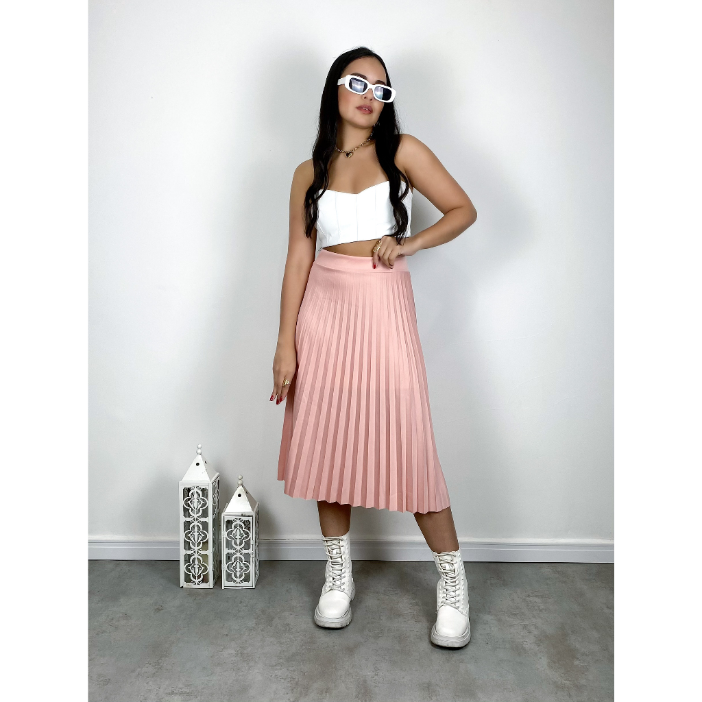 Saia Helanca Plissada Social Moda Evangélica Feminina várias cores P/M/G/GG
