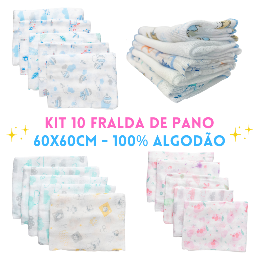 Fraldas de pano kit com 10 unidades 60x60cm 100% algodão Minasrey Bebê Babete Toalinha Babita Paninho Estampado