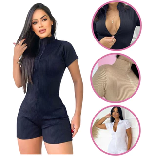 Macaquinho Canelado 3D Premium Virginia Com Ziper Shorts Curto Moda Gringa Blogueira