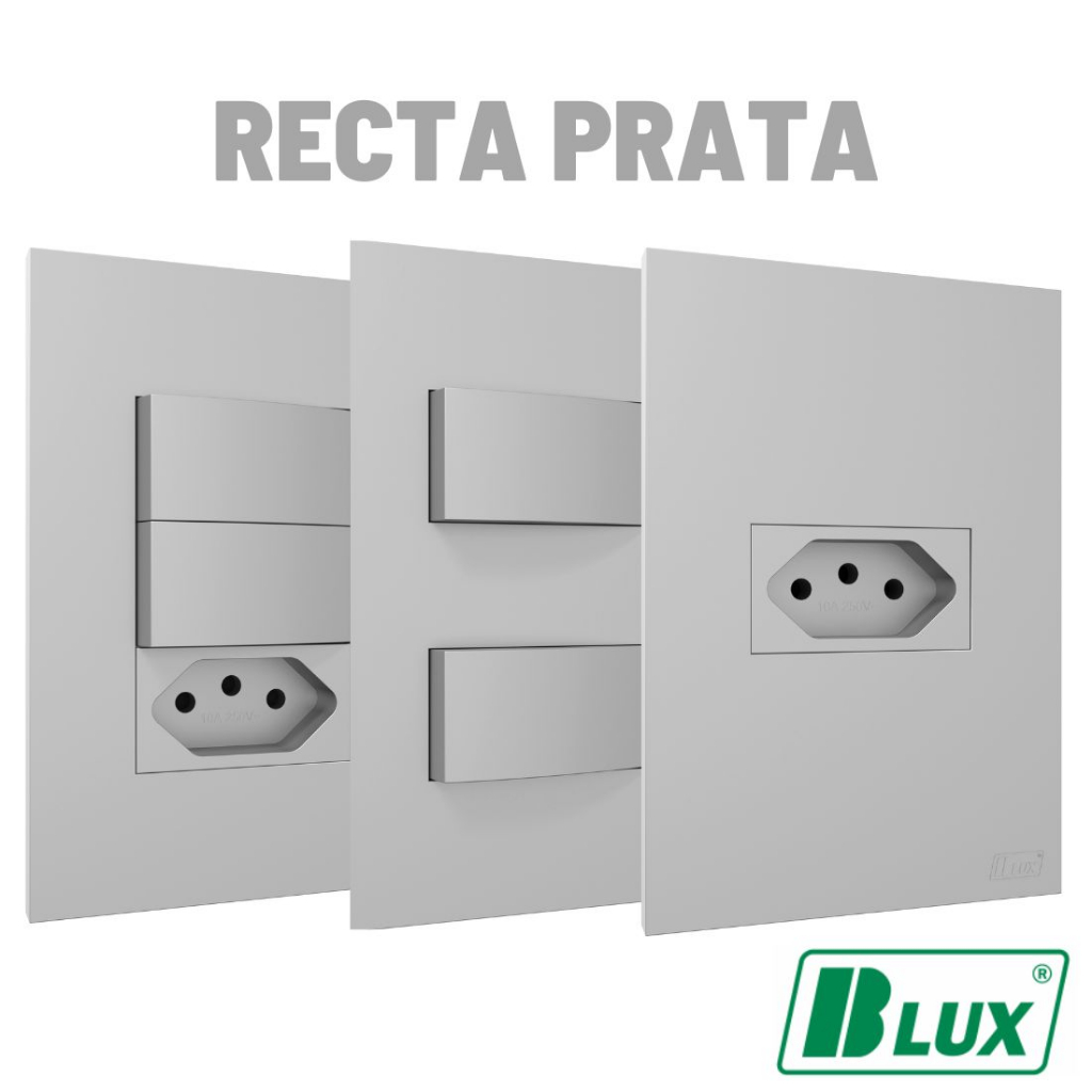 Conjunto Tomada 10a 20a Recta Satin Prata Fosco Blux 4x2 Interruptor Simples e Paralelo - Monte Seu Conjunto De Tomadas