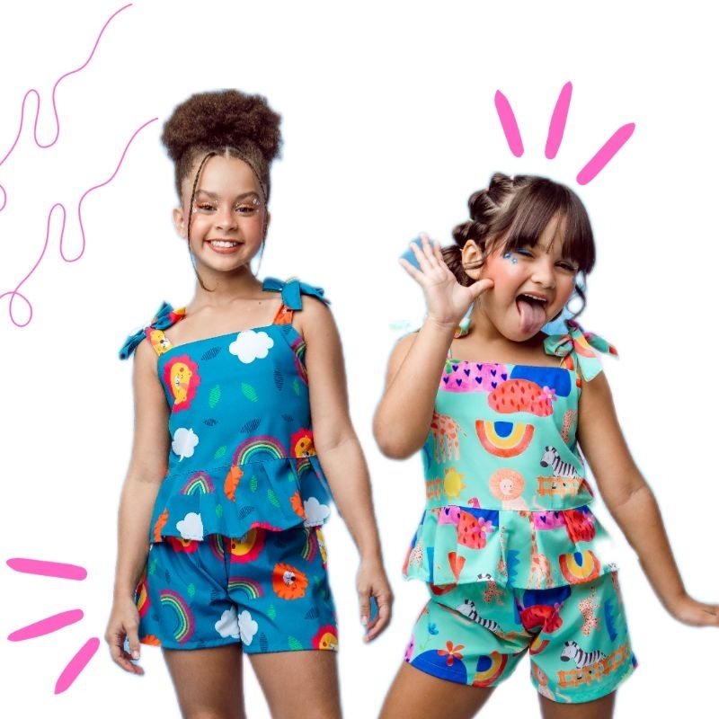 conjunto short e blusa estampado infantil menina colorido verão 2