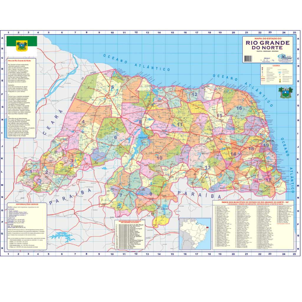 Mapa Estado Rio Grande Do Norte Politico Rodoviário Estatístico Escolar  Poster