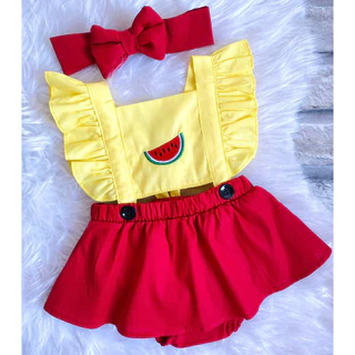 Jardineira Romper Body Melancia Saia Menina Bebe + Faixa de Cabelo